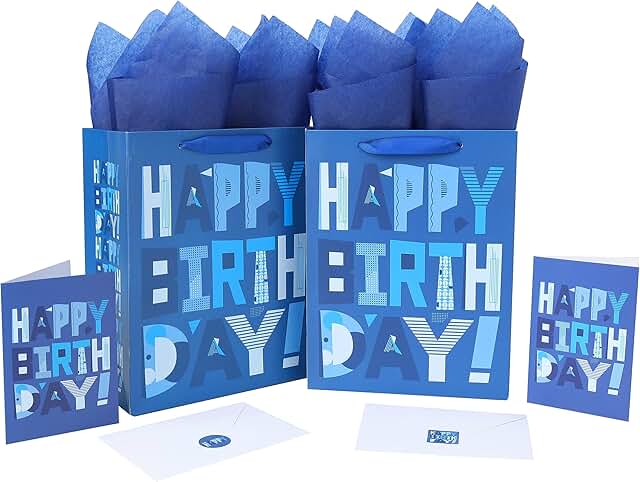 Set of 2 Blue Gift Bags with Card and Tissue