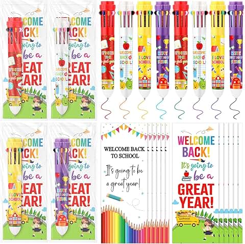 Set of 24 colorful retractable ballpoint pens with greeting cards