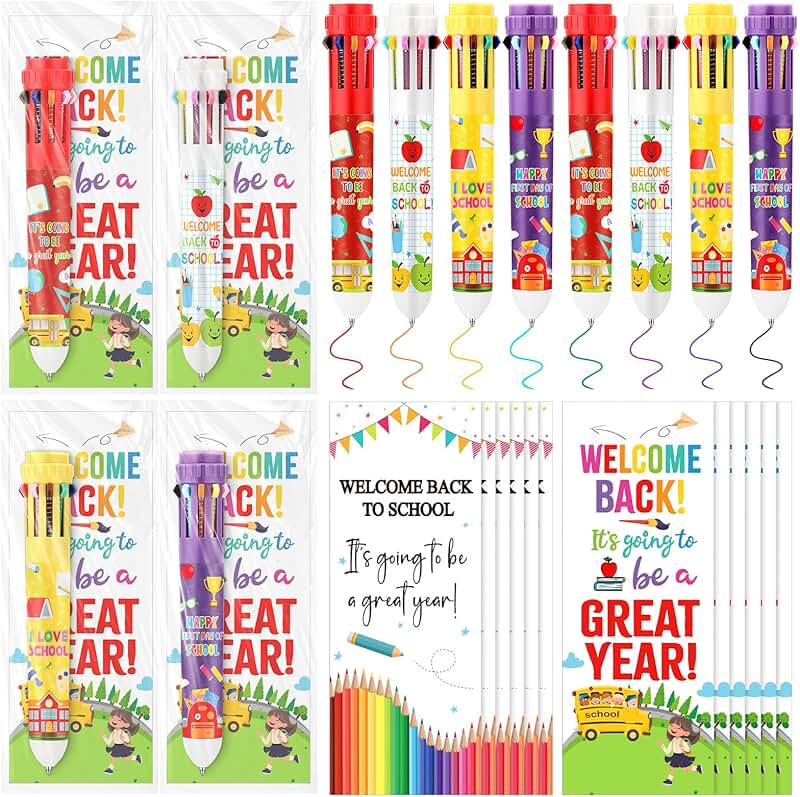 Set of 24 colorful retractable ballpoint pens with greeting cards