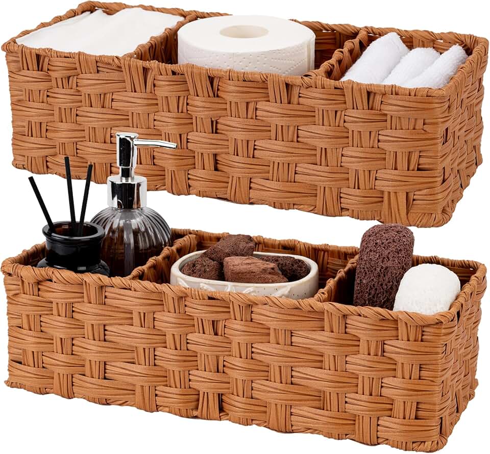 Bathroom Toilet Organizer with 3 Wicker Baskets, 2-Pack