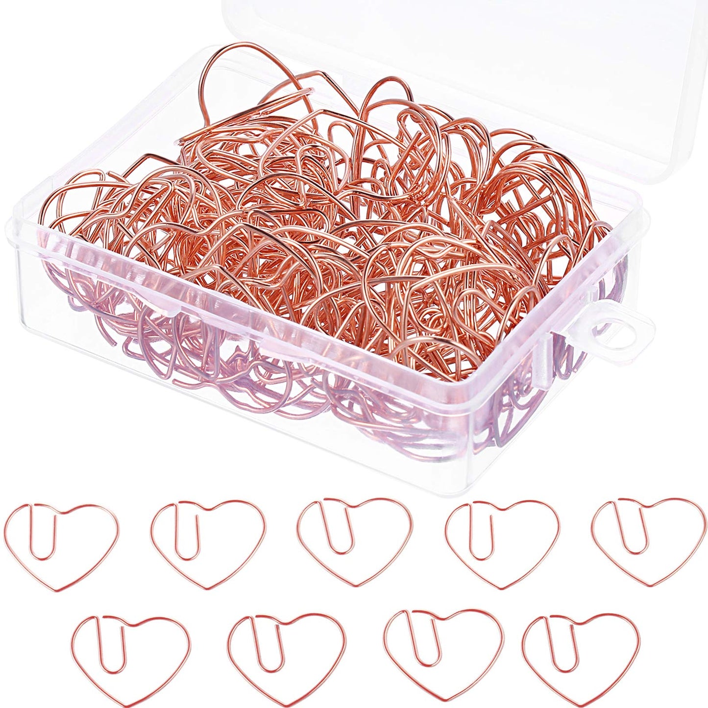 100 Mini Heart-Shaped Metal Paper Clips in Rose Gold