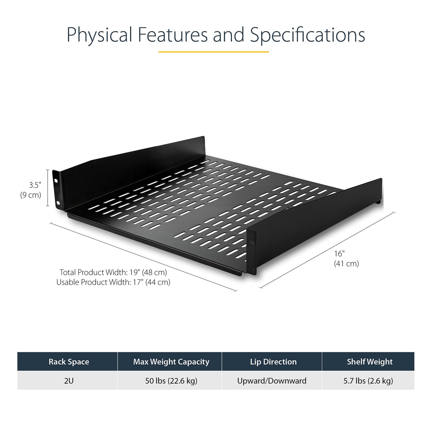  2U Server Rack Shelf - Universal Vented Rack Mount Cantilever Tray for 19" Network Equipment Rack & Cabinet - Heavy Duty Steel - Weight Capacity 50lb/23kg - 16" Deep Shelf (CABSHELFV)