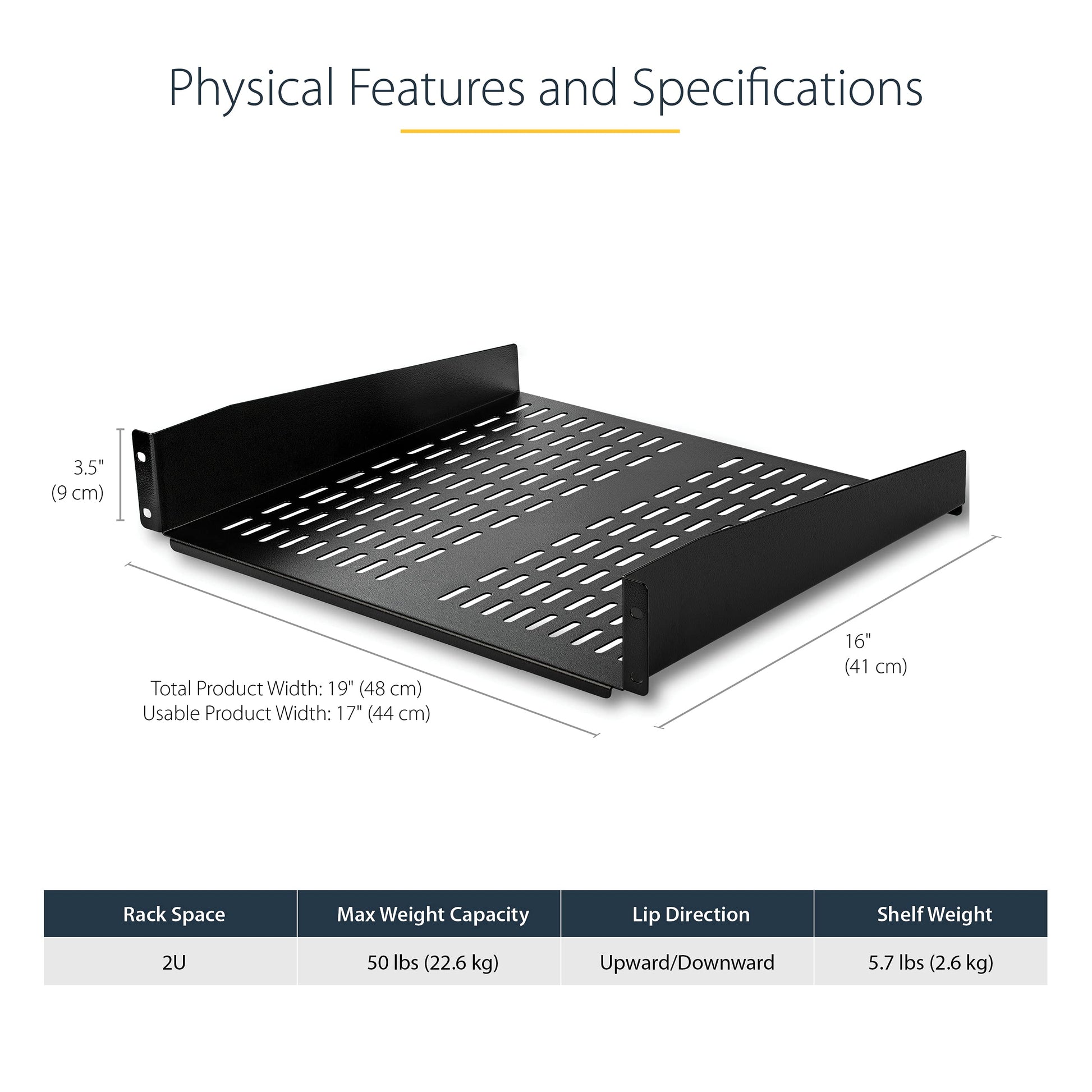  2U Server Rack Shelf - Universal Vented Rack Mount Cantilever Tray for 19" Network Equipment Rack & Cabinet - Heavy Duty Steel - Weight Capacity 50lb/23kg - 16" Deep Shelf (CABSHELFV)