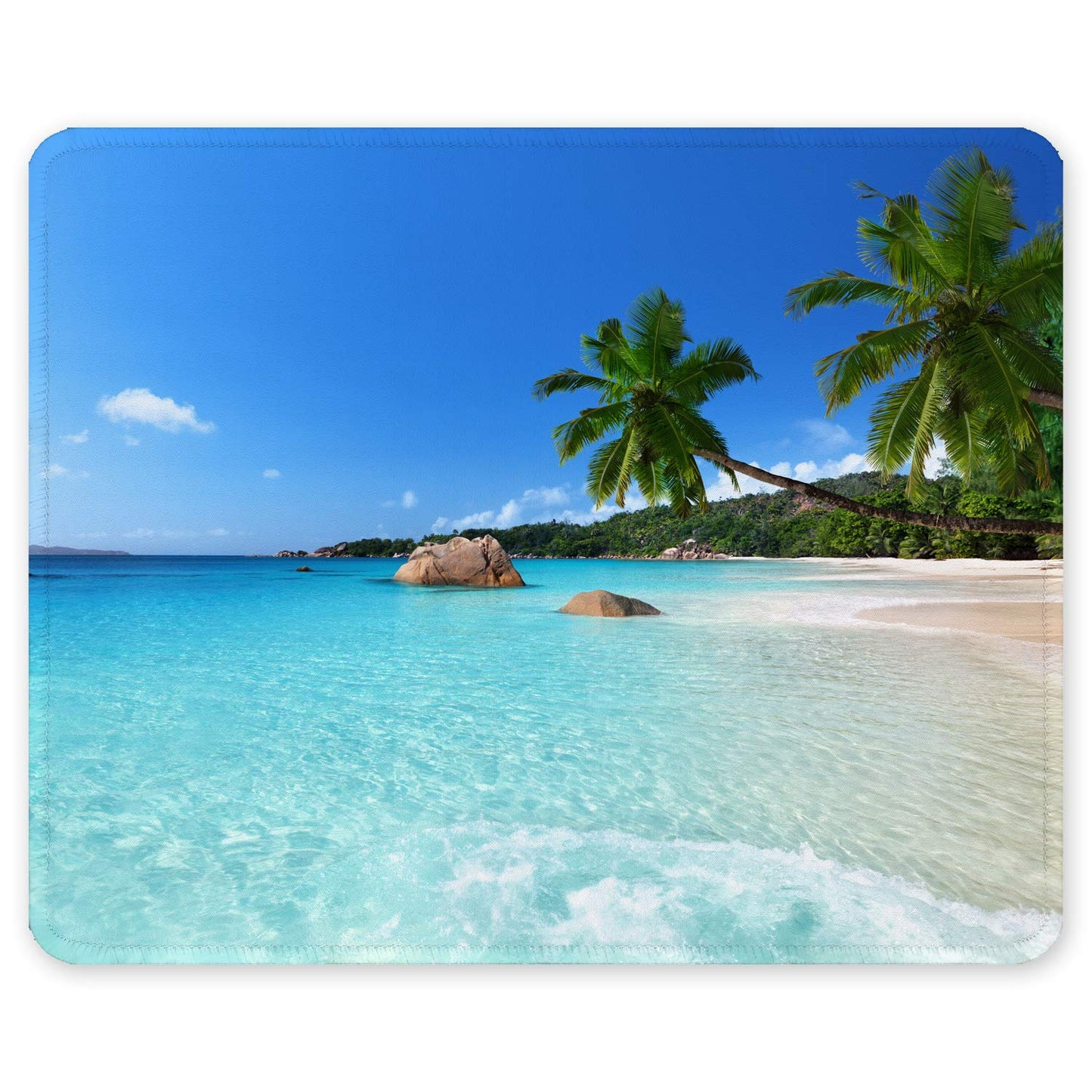 Mouse Pad, Square Beach Style Anti-Slip Rubber Mousepad with Durable Stitched Edges for Gaming Office Laptop Computer PC Men Women Kids, Cute Custom Pattern, Beach and Coconut Trees Design