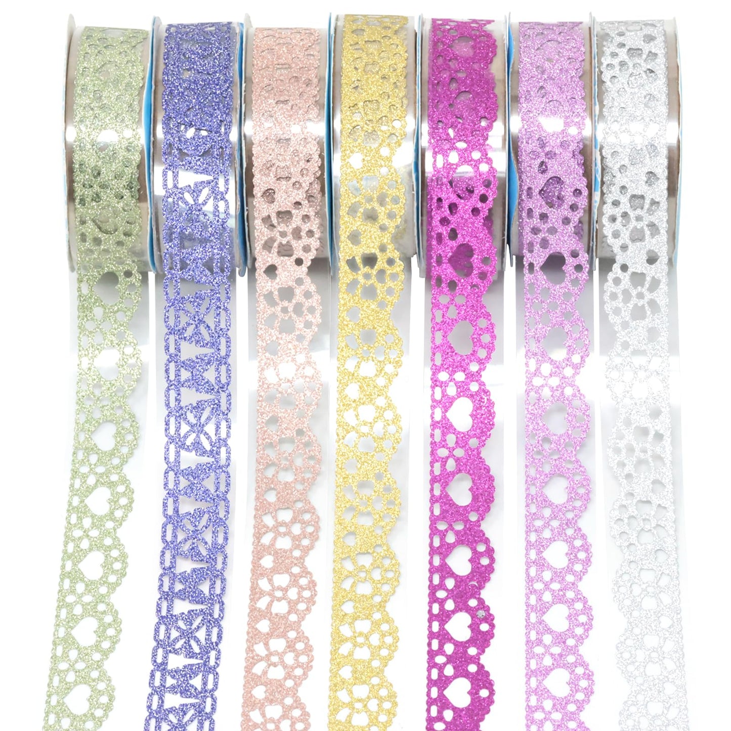 7 Rolls of Colorful Glitter Washi Tape with Lace Flower Pattern