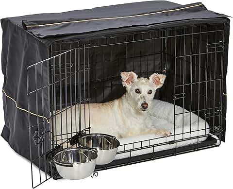 Medium Dog Crate with Bed Cover and Bowls