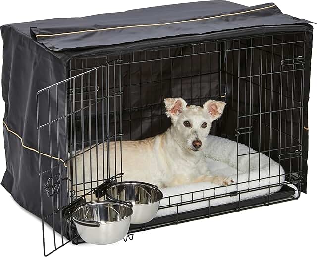 Medium Dog Crate with Bed Cover and Bowls