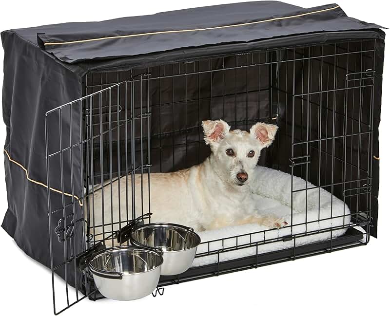 Medium Dog Crate with Bed Cover and Bowls
