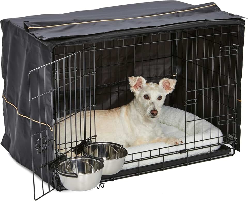 Medium Dog Crate with Bed Cover and Bowls