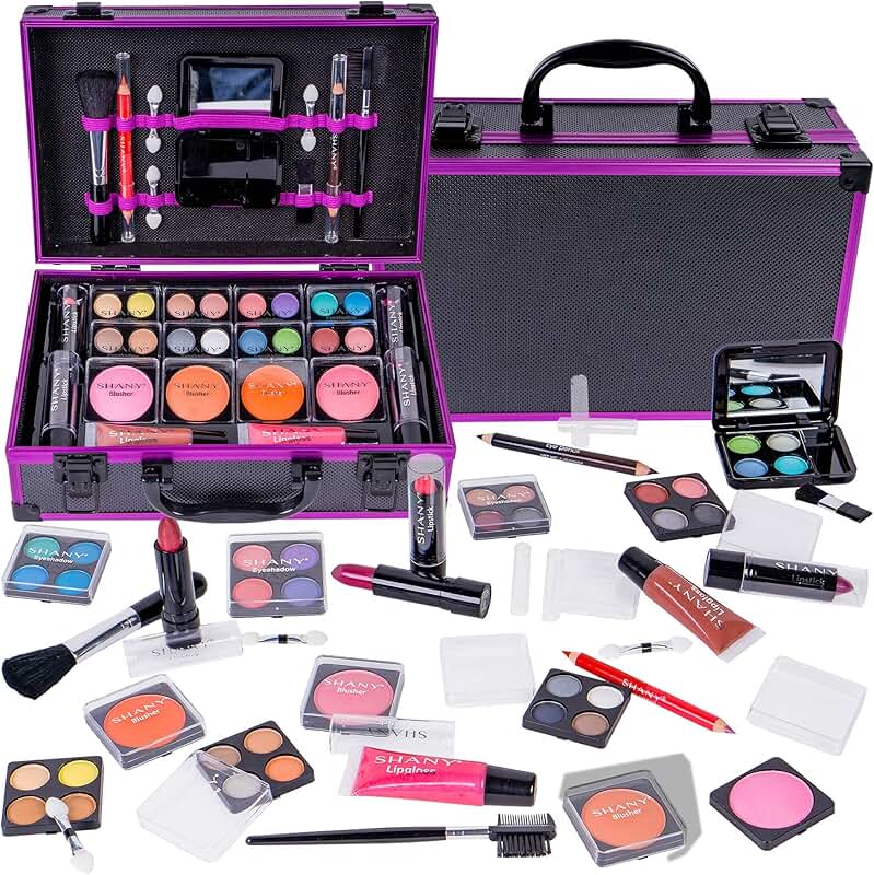 Purple Carry All Makeup Train Case with Pro Makeup Set