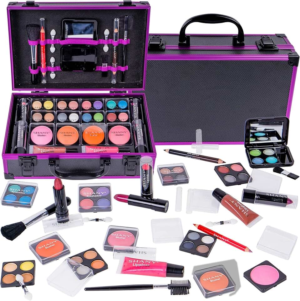 Purple Carry All Makeup Train Case with Pro Makeup Set