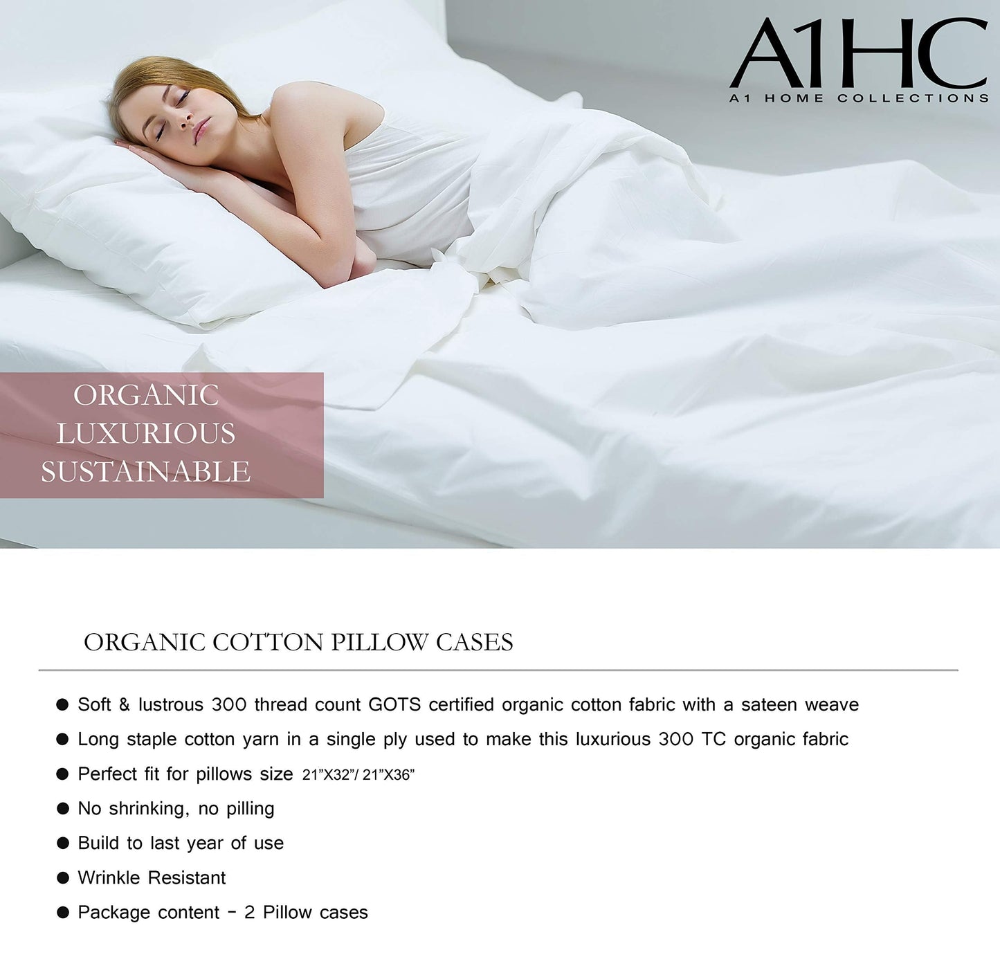pillowcase A1HC GOTS Set of 2) Super Soft Sateen Cotton Pillow Cases Wrinkle Resistant Anti Allergy Free White King 21"X36"), Without Membrane Lining
