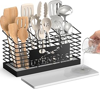 Large Metal Utensil Holder with 3 Compartments