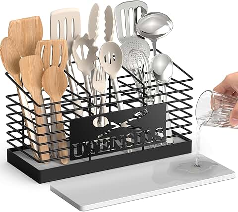 Large Metal Utensil Holder with 3 Compartments