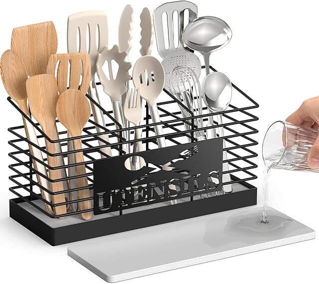 Large Metal Utensil Holder with 3 Compartments
