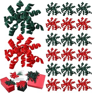 24 Velvet Curly Bows for Gift Wrapping in Red and Green