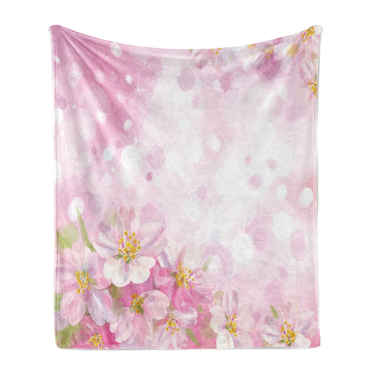 Rose Throw Blanket, Blossoming Spring Flowering Cherry Sakura April Tree Freshness Tenderness, Flannel Fleece Accent Piece Soft Couch Cover for Adults, 50" x 70", Yellow Green