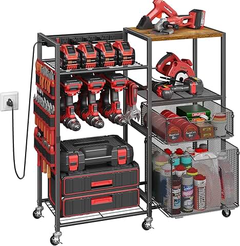 Large Power Tool Organizer Cart with Charging Station and Drawers