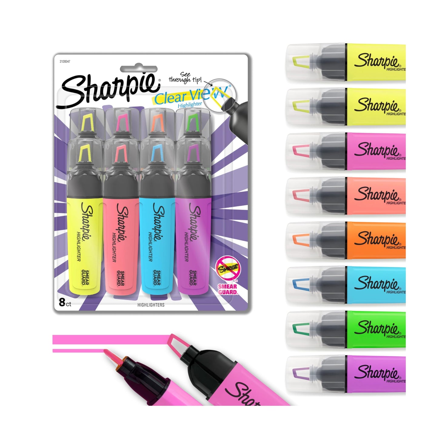 8 Assorted Clear View Highlighters with Chisel Tips