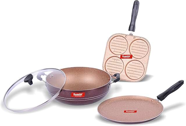 3-Piece Nonstick Cookware Set with Snack Maker, Dosa Tawa, and Kadhai