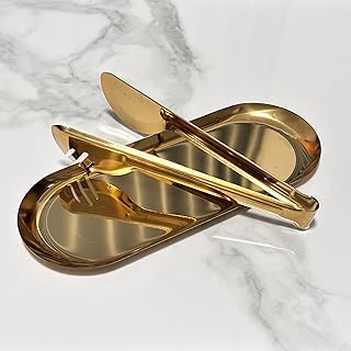 Set of Two Gold Stainless Steel Food Trays with Tongs