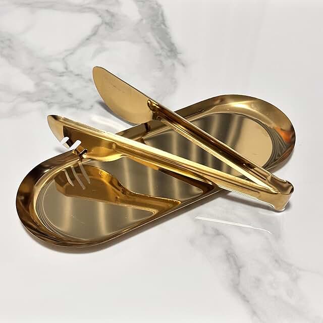 Set of Two Gold Stainless Steel Food Trays with Tongs
