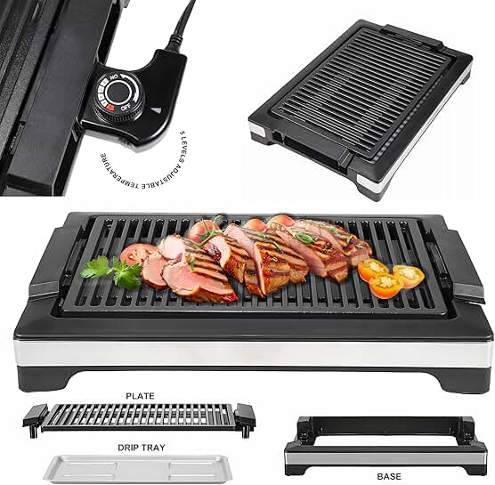 Portable Electric Smokeless Grill with Adjustable Temp