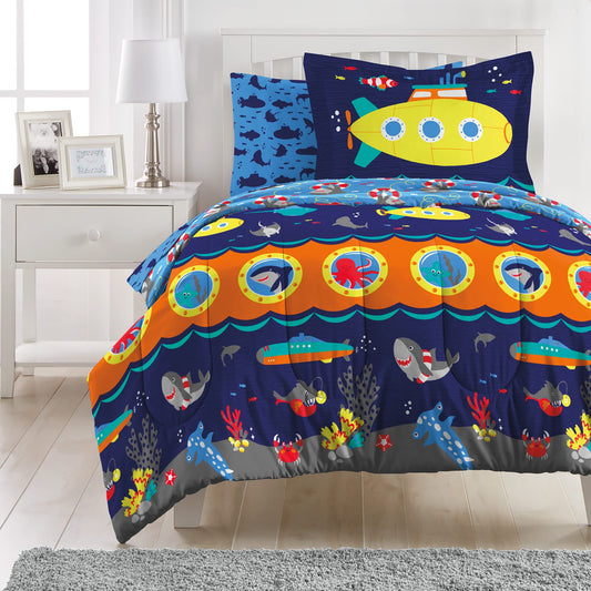 Kids 7-Piece Complete Set Easy-Wash Super Soft Microfiber Comforter Bedding, Full, Navy Submarine