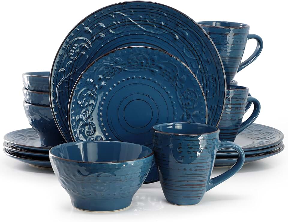 Deep Ocean Blue 16-Piece Stoneware Dinnerware Set