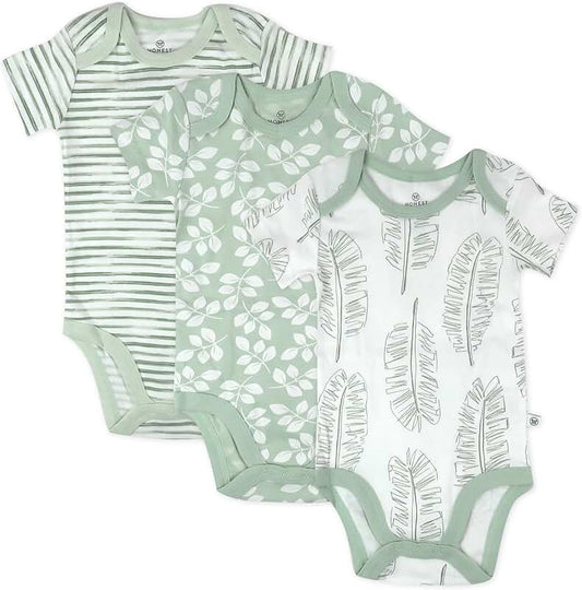 Three-pack of organic cotton baby bodysuits for infants