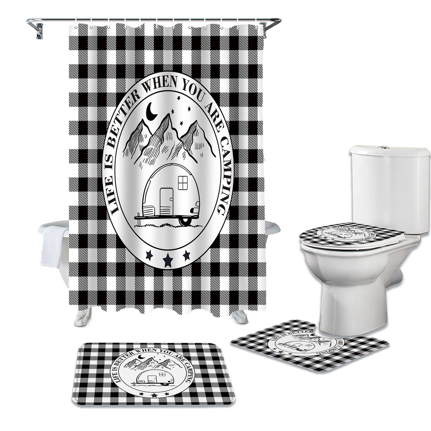 Camper Van 4 PCS Shower Curtain Sets Fashion Black White Plaid Camping Quotes Logo Bathroom Decor Shower Curtain 36" x 72" with 12 Hooks Non- Bath Mat Tet Lid Cover U-Shape Contour Rug