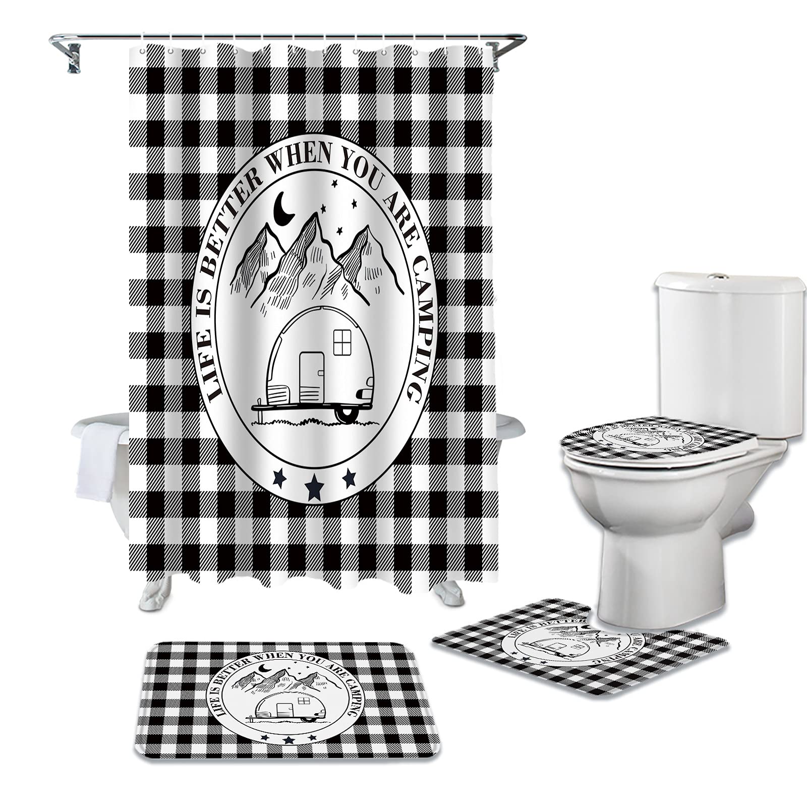 Camper Van 4 PCS Shower Curtain Sets Fashion Black White Plaid Camping Quotes Logo Bathroom Decor Shower Curtain 36" x 72" with 12 Hooks Non- Bath Mat Tet Lid Cover U-Shape Contour Rug