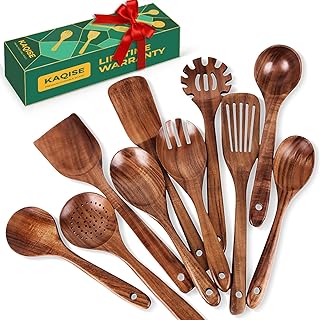 Set of 10 Wooden Cooking Utensils for Kitchen