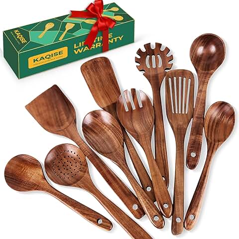 Set of 10 Wooden Cooking Utensils for Kitchen