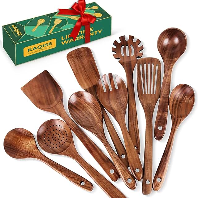 Set of 10 Wooden Cooking Utensils for Kitchen