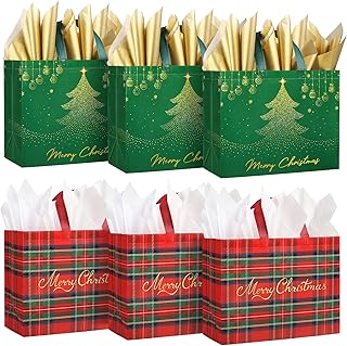 Set of 6 Large Christmas Gift Bags with Tissue Paper