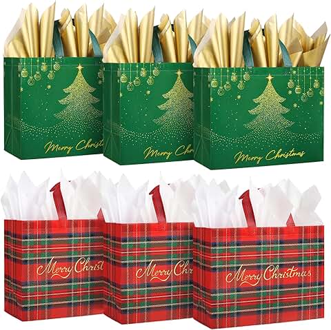 Set of 6 Large Christmas Gift Bags with Tissue Paper