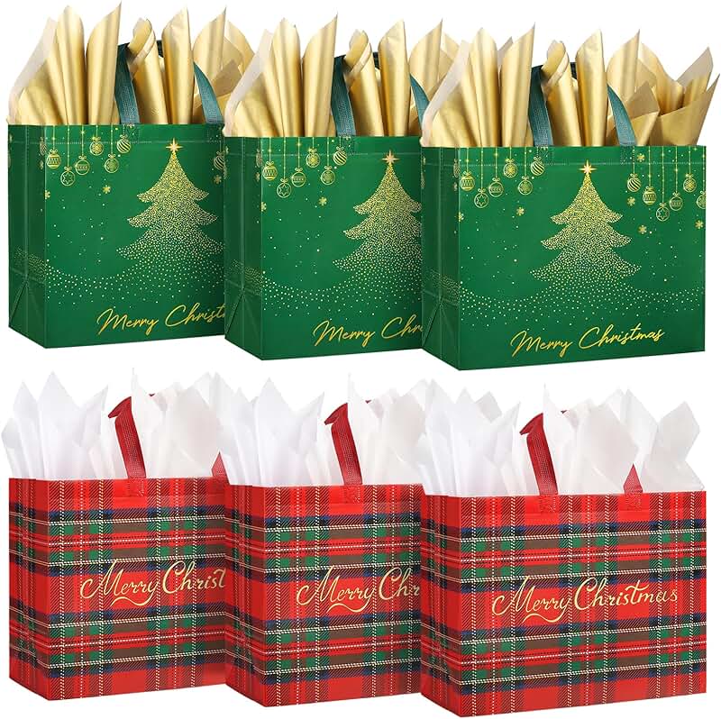 Set of 6 Large Christmas Gift Bags with Tissue Paper
