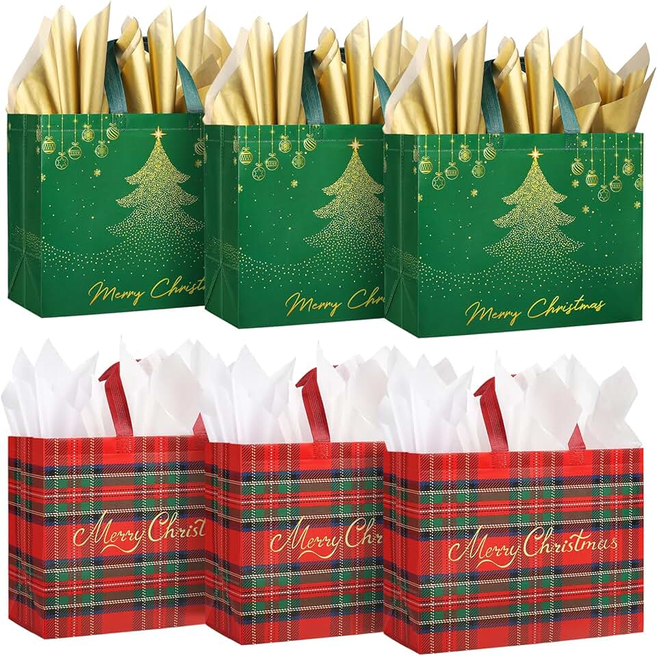 Set of 6 Large Christmas Gift Bags with Tissue Paper