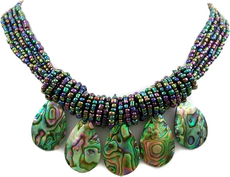 Five Iridescent Paua Abalone Pendant Beads Necklace