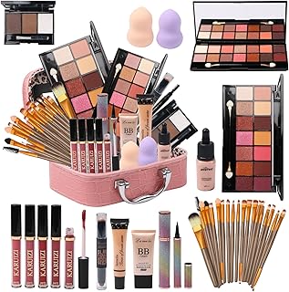 Complete makeup kit with eyeshadow, foundation, eyeliner, contour, and brushes