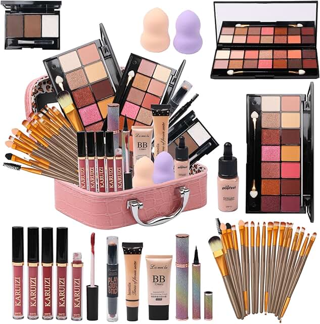 Complete makeup kit with eyeshadow, foundation, eyeliner, contour, and brushes