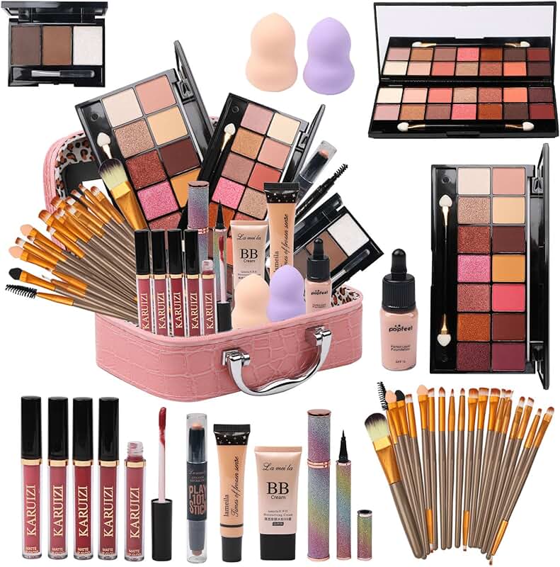 Complete makeup kit with eyeshadow, foundation, eyeliner, contour, and brushes