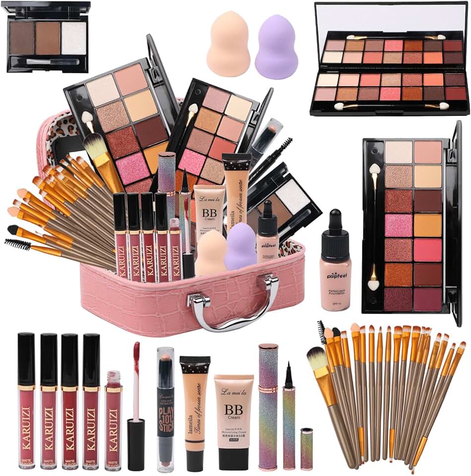 Complete makeup kit with eyeshadow, foundation, eyeliner, contour, and brushes