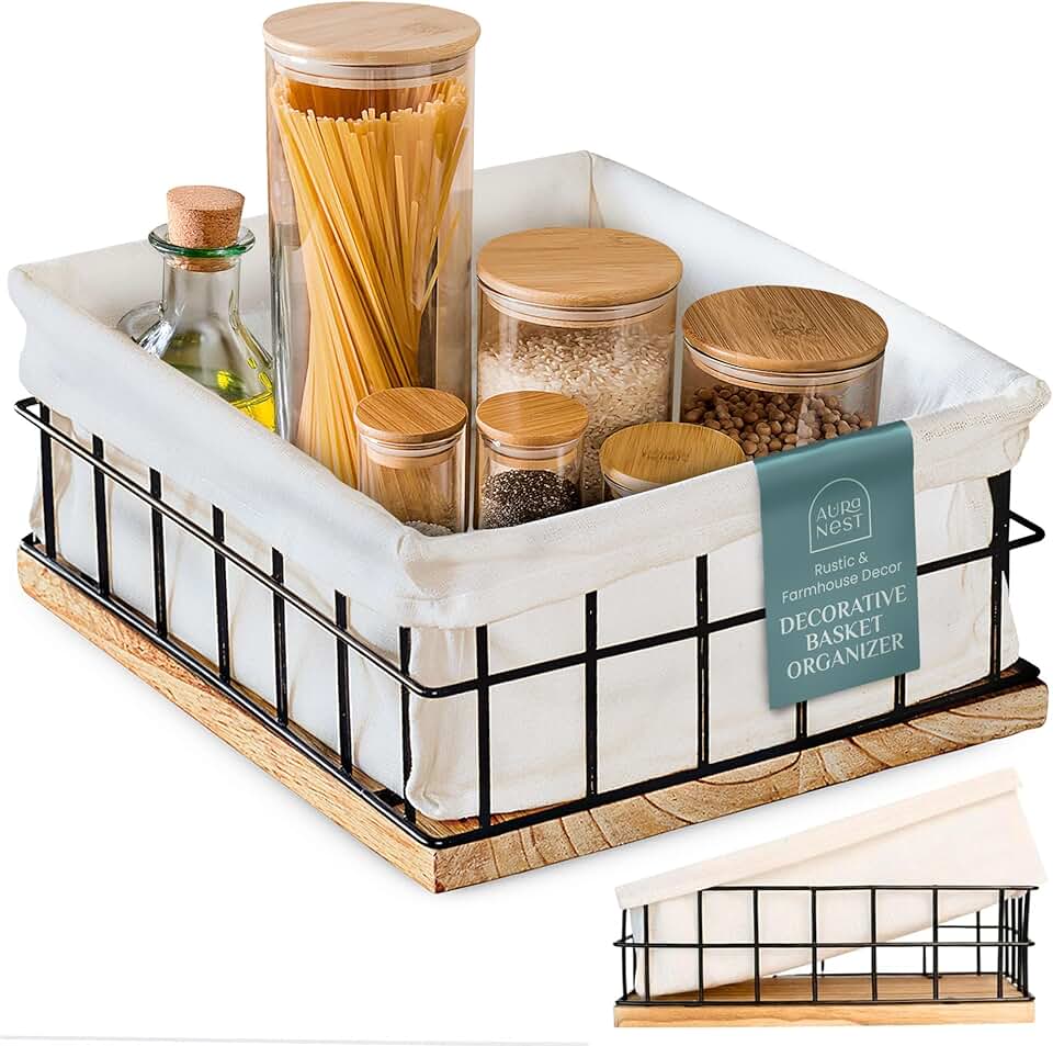 Large black metal basket for organizing toiletries and home decor