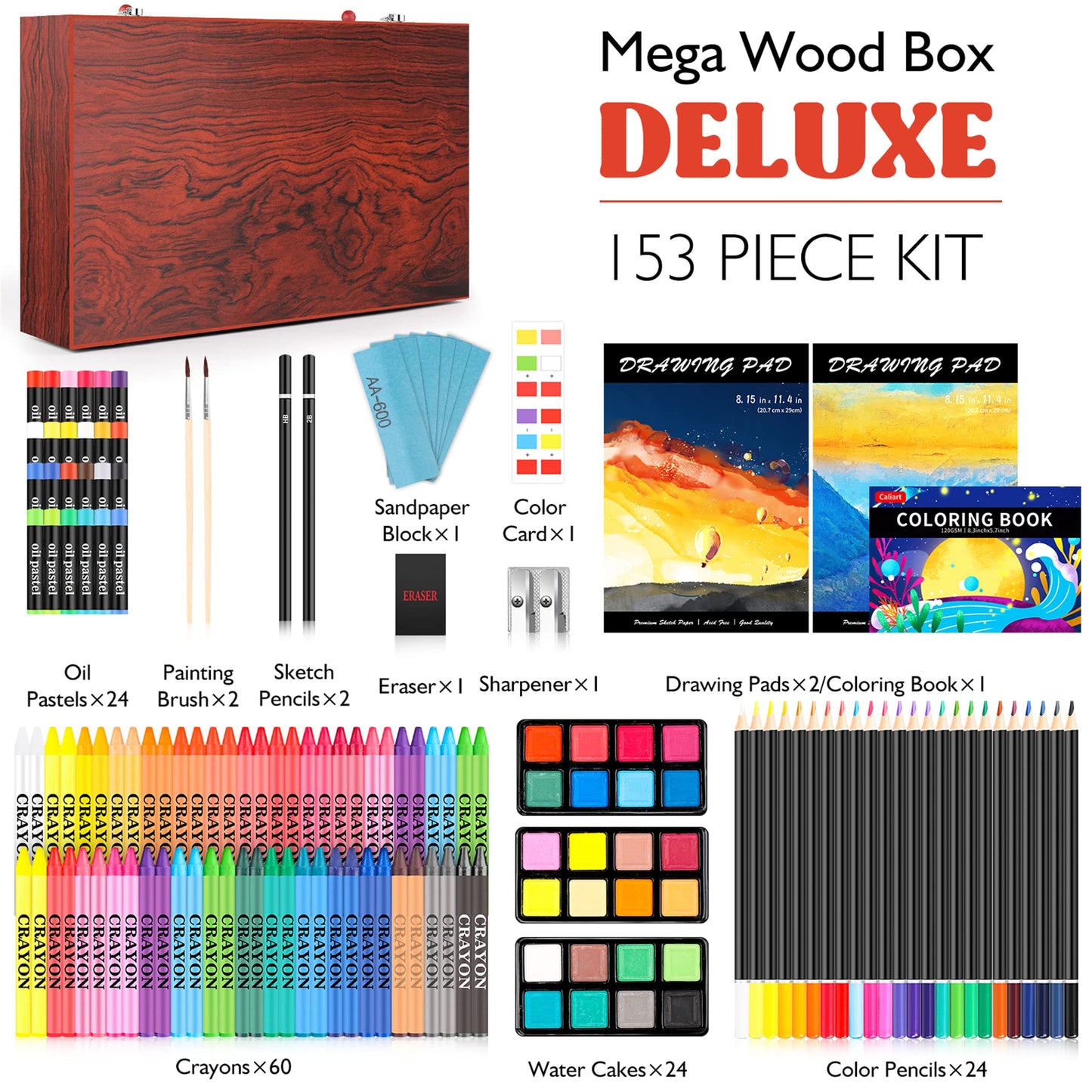 153-Piece Wooden Art Set with Sketch Pads and Supplies