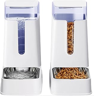 Cat and dog food and water dispenser set with stainless steel bowls