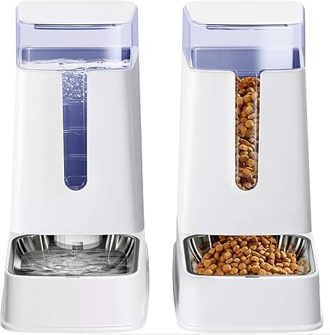 Cat and dog food and water dispenser set with stainless steel bowls