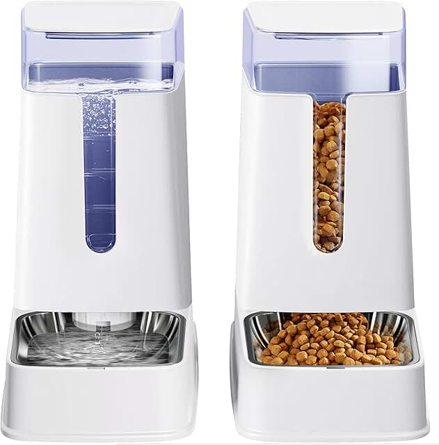Cat and dog food and water dispenser set with stainless steel bowls