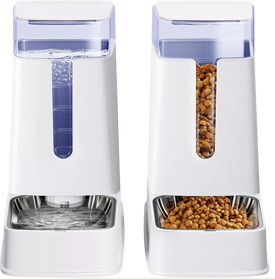 Cat and dog food and water dispenser set with stainless steel bowls